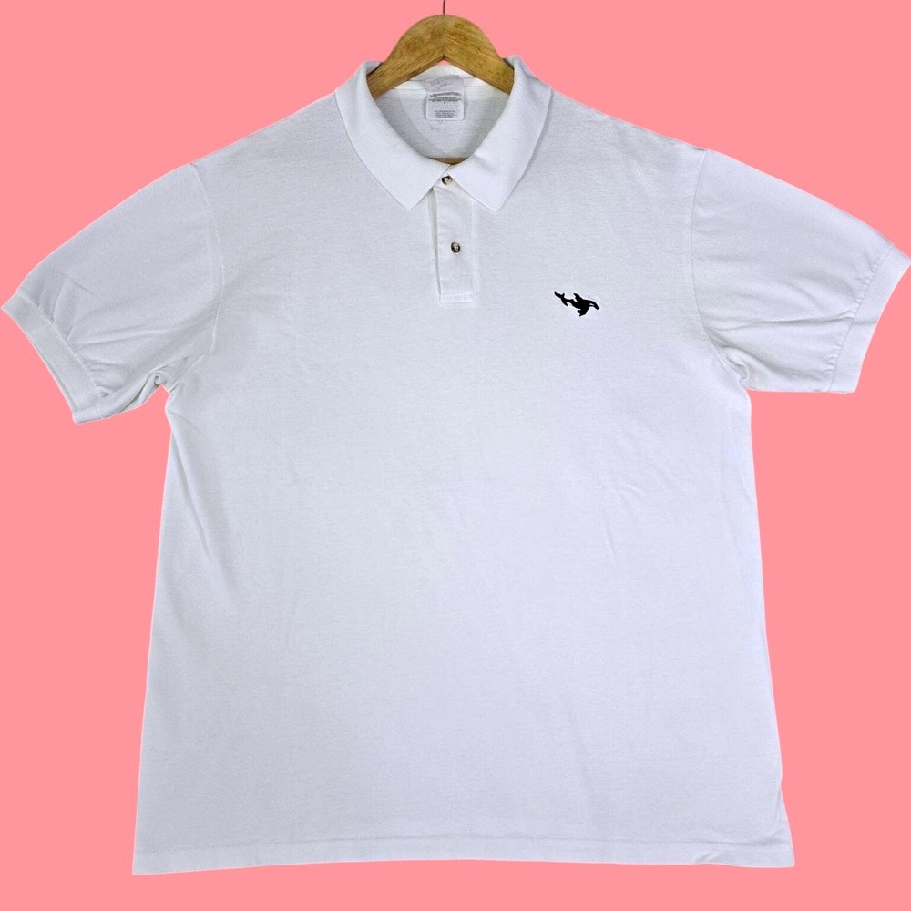 Hanes Mens Size L Pique Golf Polo Shirt Embroidered Orca Whale Shamu Made in USA